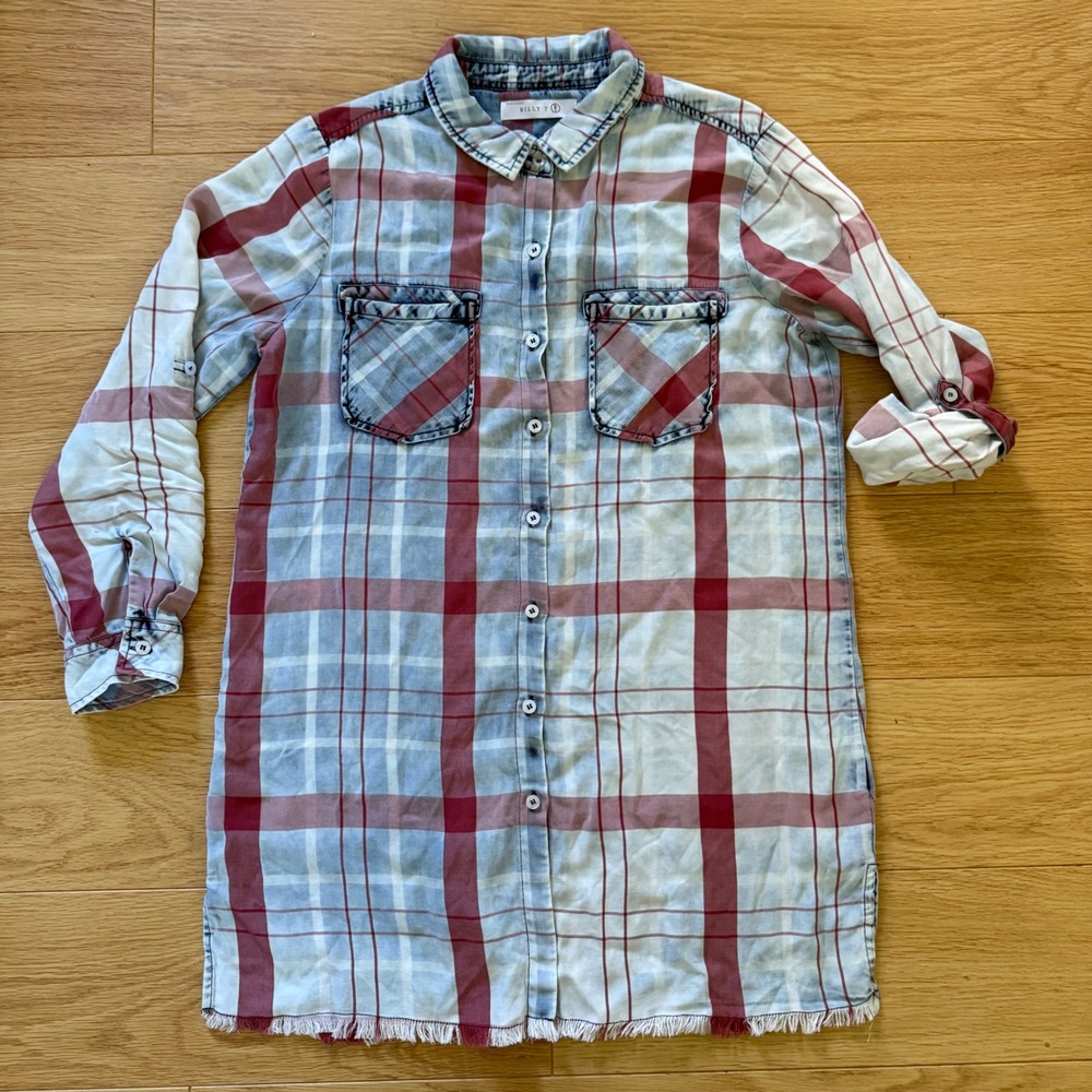 Billy T Plaid Chambray Tunic Shirt Dress Medium Blue Red Frayed Hem Boho Tencel